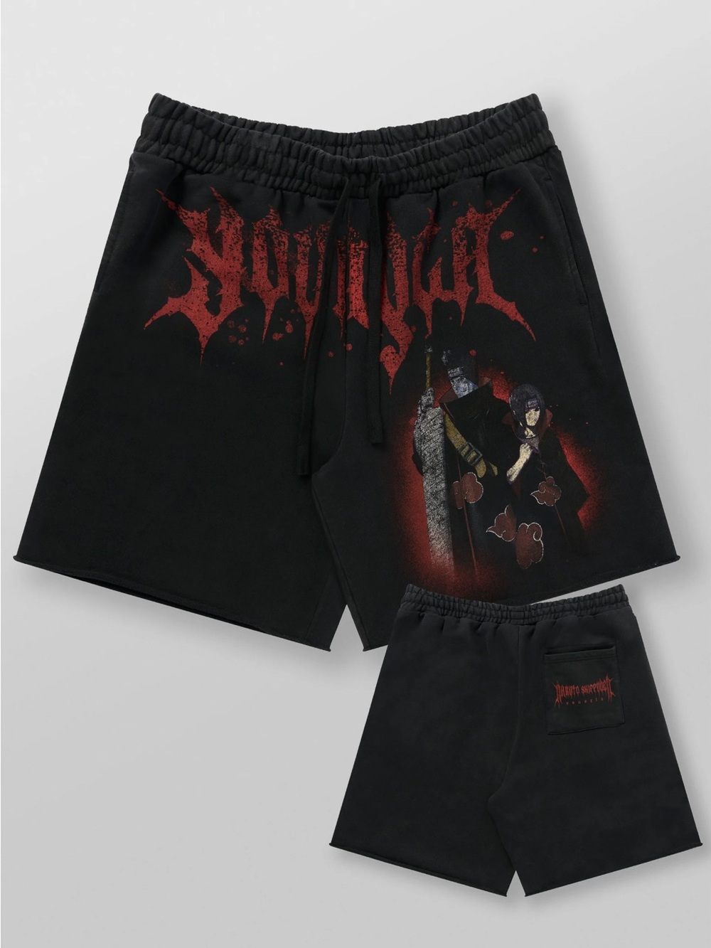 YoungLA Black Graphic Athletic Shorts with Red Print